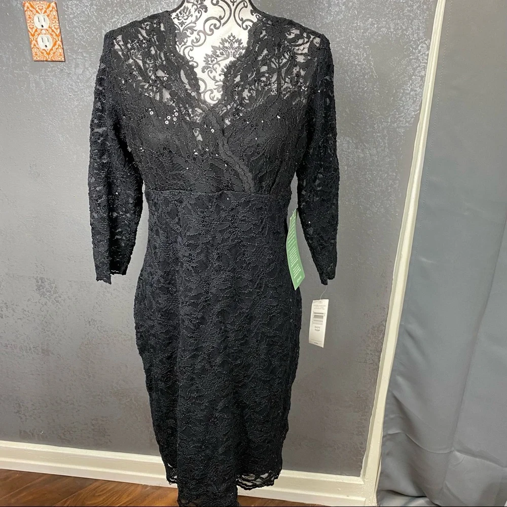 Blu Sage black lace sequin v-neck illusion knee length party formal dress - Picture 2 of 10